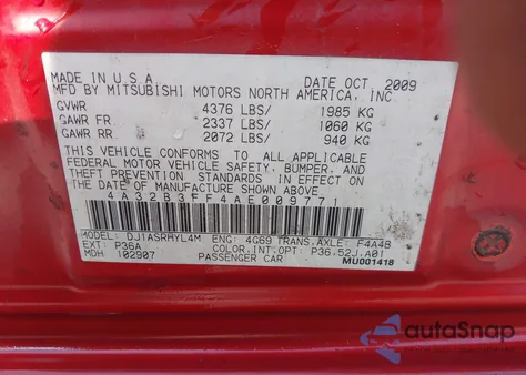 2010 Mitsubishi Galant Es/Se из США, поврежденный, VIN 4A32B3FF4AE009771